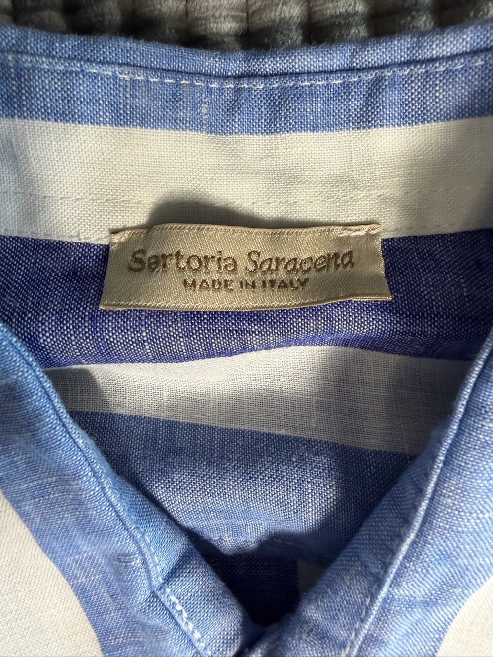 Men's Sartoria Saracena Luxury Linen Striped Button-Up Shirt in Blue and White L - Picture 2 of 5